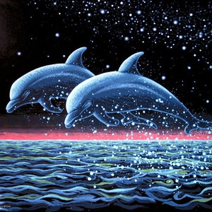 Two Dolphins UV Black Light Fluorescent & Glow In The Dark Phosphorescent Psychedelic Psy Goa Trance Art Poster image 2