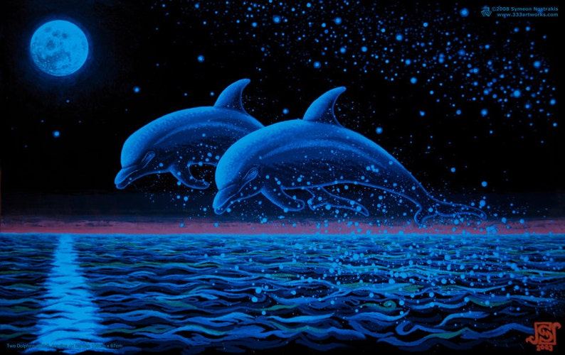 Two Dolphins UV Black Light Fluorescent & Glow In The Dark Phosphorescent Psychedelic Psy Goa Trance Art Poster image 3