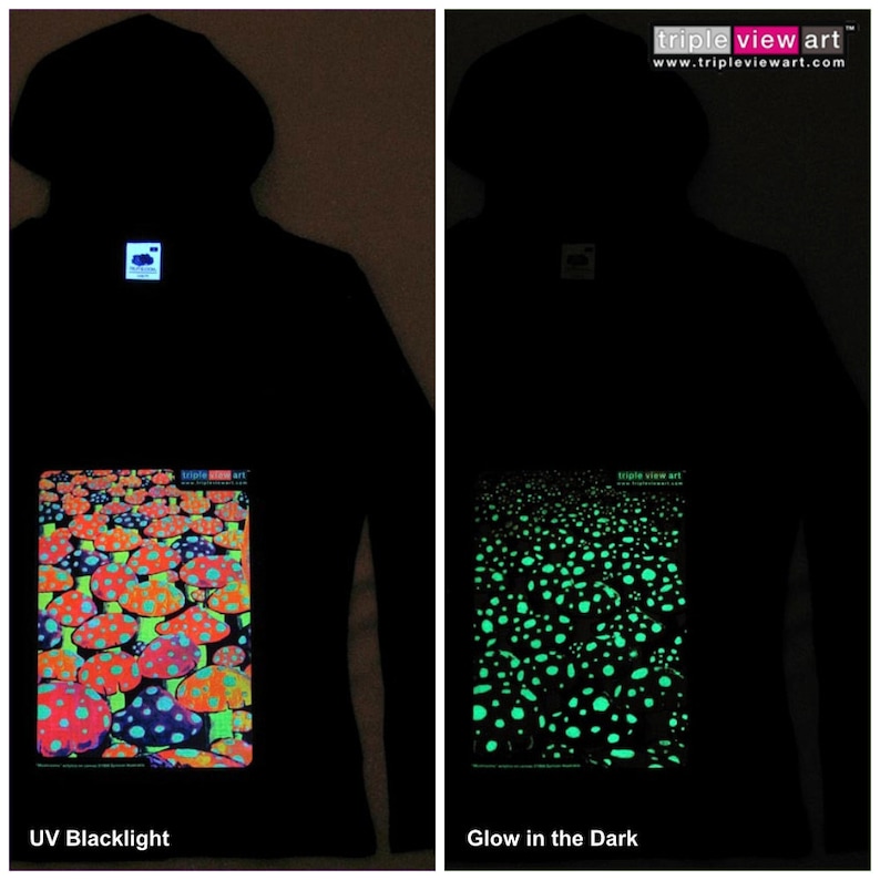 Mushrooms UV Black Light Fluorescent & Glow In The Dark Phosphorescent Psychedelic Psy Goa Trance Art Club Womens Hoodie image 1