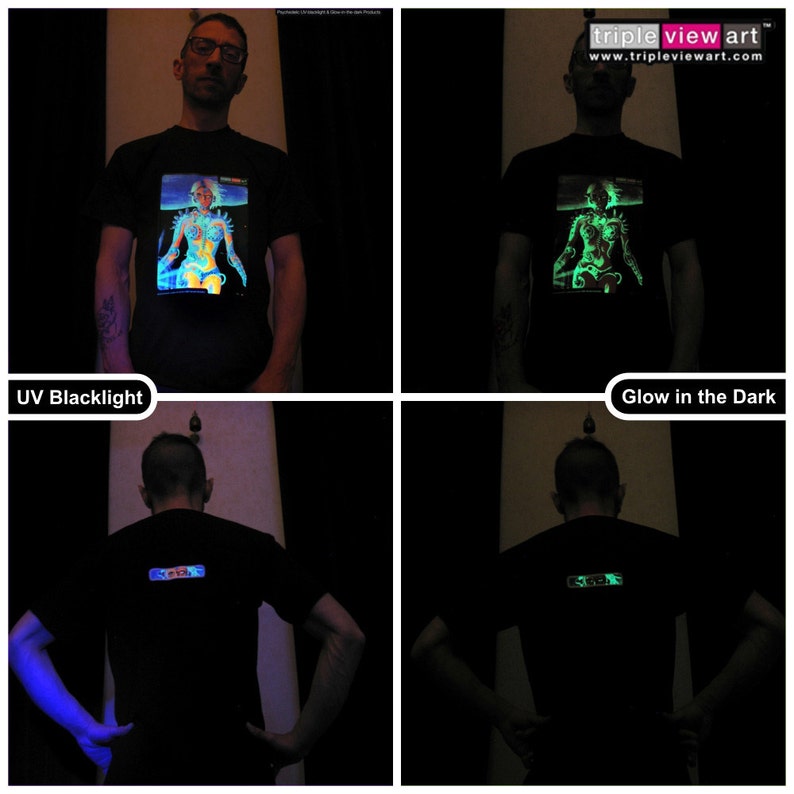 Biomechanoid UV Black Light Fluorescent & Glow In The Dark Phosphorescent Psychedelic Psy Goa Trance Art Club Mens T-shirt image 2