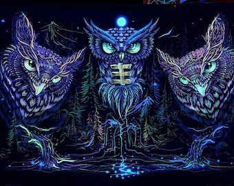 王 Mystical Owls UV Black Light Fluorescent Glow Psychedelic Art Backdrop Banner Wall Hanging Tapestry Goa Trance Club Party Festival Deco