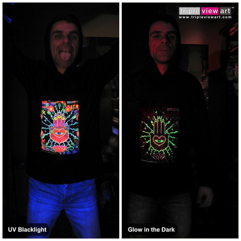 The Hand UV Black Light Fluorescent & Glow In The Dark Phosphorescent Psychedelic Psy Goa Trance Art Club Mens Hoodie image 1