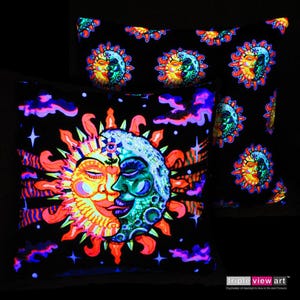 Magic Sunmoon UV Schwarzlicht Fluoreszierendes Glow Psychedelic Kunst Doppelseitig Plüsch Velour Kissenbezug Dekorativer Kissenbezug