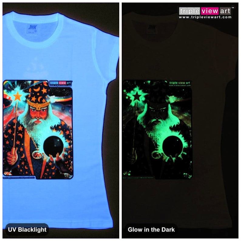 Merlin UV Black Light Fluorescent & Glow In The Dark Phosphorescent Psychedelic Psy Goa Trance Art Club Womens T-shirt image 2