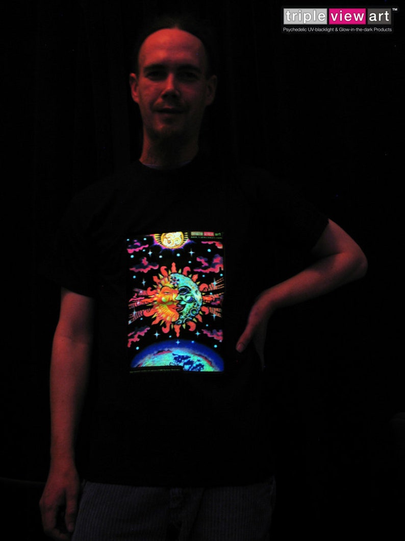 Magic Sunmoon UV Black Light Fluorescent & Glow In The Dark Phosphorescent Psychedelic Psy Goa Trance Art Club Mens T-shirt image 3