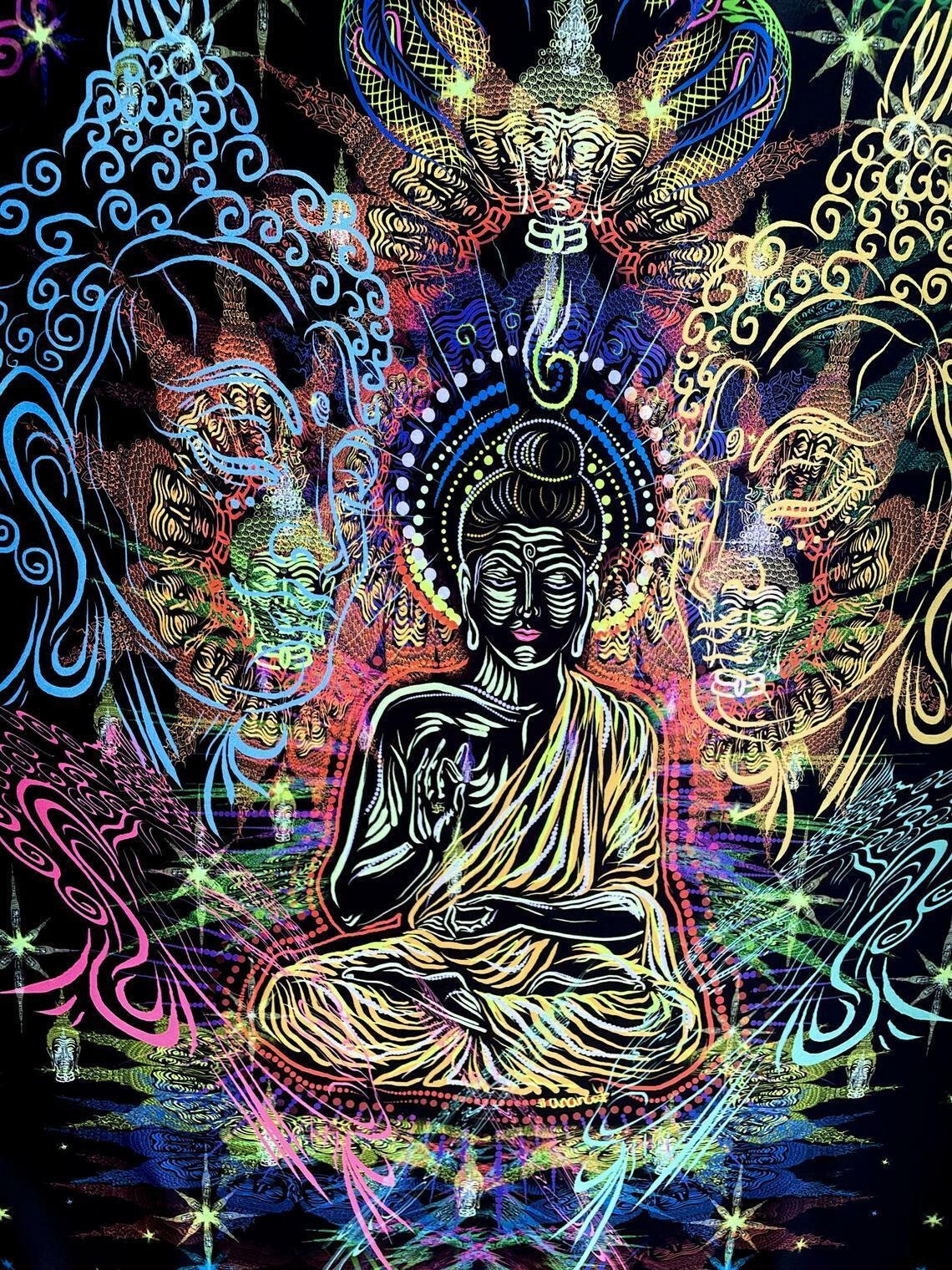 王 Buddha UV Black Light Fluorescent Glow Psychedelic Art Backdrop