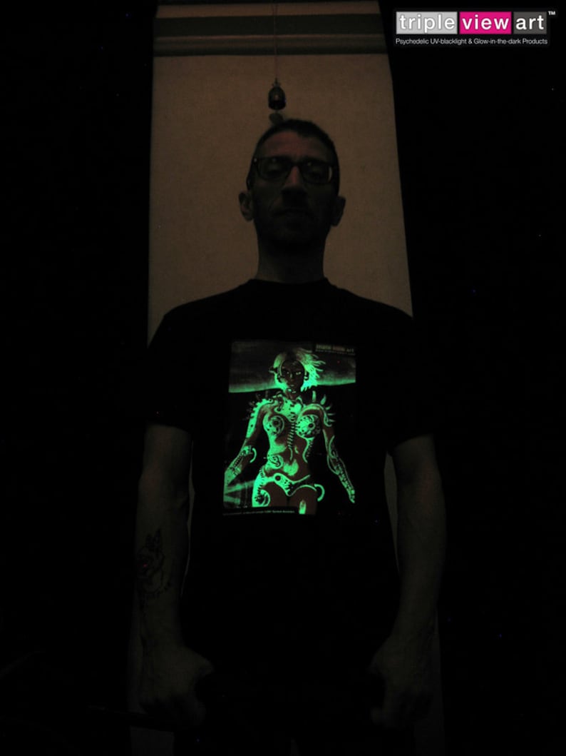 Biomechanoid UV Black Light Fluorescent & Glow In The Dark Phosphorescent Psychedelic Psy Goa Trance Art Club Mens T-shirt image 4
