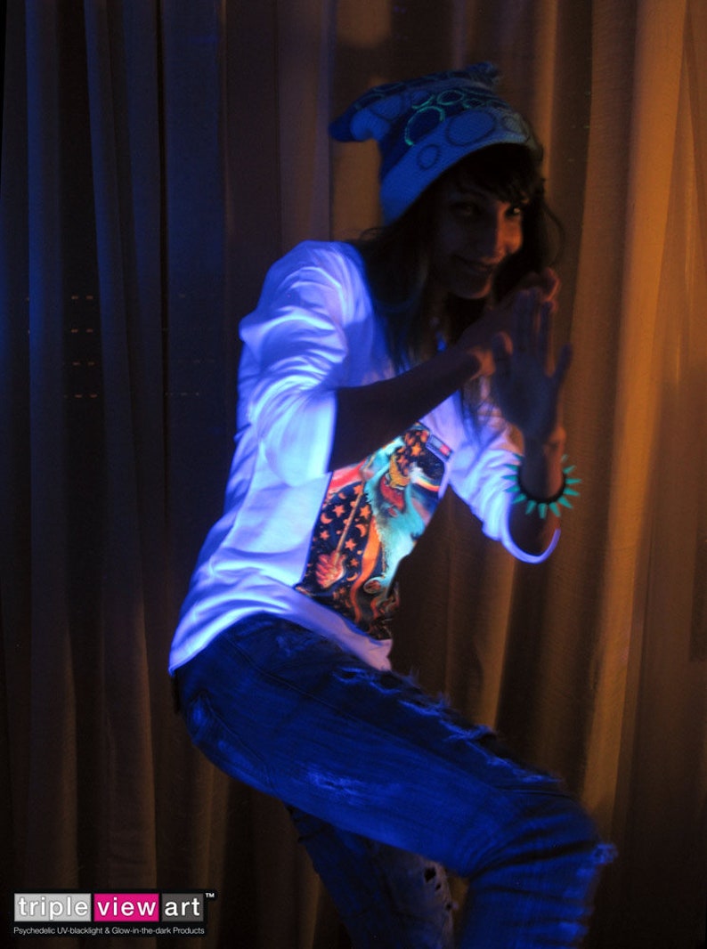 Merlin UV Black Light Fluorescent & Glow In The Dark Phosphorescent Psychedelic Psy Goa Trance Art Club Womens Hoodie zdjęcie 7