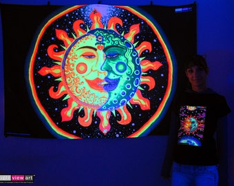 Sun+Moon UV Black Light Fluorescent Glow Psychedelic Psy Goa Trance Art Backdrop Wall Hanging Home Club Party Festival Deco Love Meditation