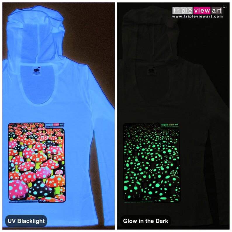 Mushrooms UV Black Light Fluorescent & Glow In The Dark Phosphorescent Psychedelic Psy Goa Trance Art Club Womens Hoodie image 2