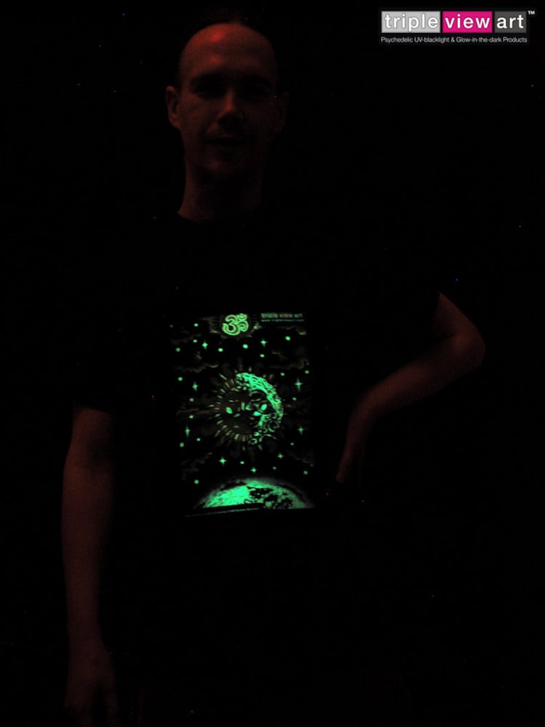 Magic Sunmoon UV Black Light Fluorescent & Glow In The Dark Phosphorescent Psychedelic Psy Goa Trance Art Club Mens T-shirt image 4