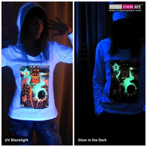 Merlin UV Black Light Fluorescent & Glow In The Dark Phosphorescent Psychedelic Psy Goa Trance Art Club Womens Hoodie zdjęcie 1