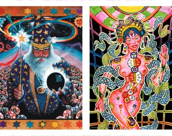 Merlin + Chakra Girl: 2 UV Black Light Fluorescent & Glow In The Dark Phosphorescent Psychedelic Psy Goa Trance Art Posters