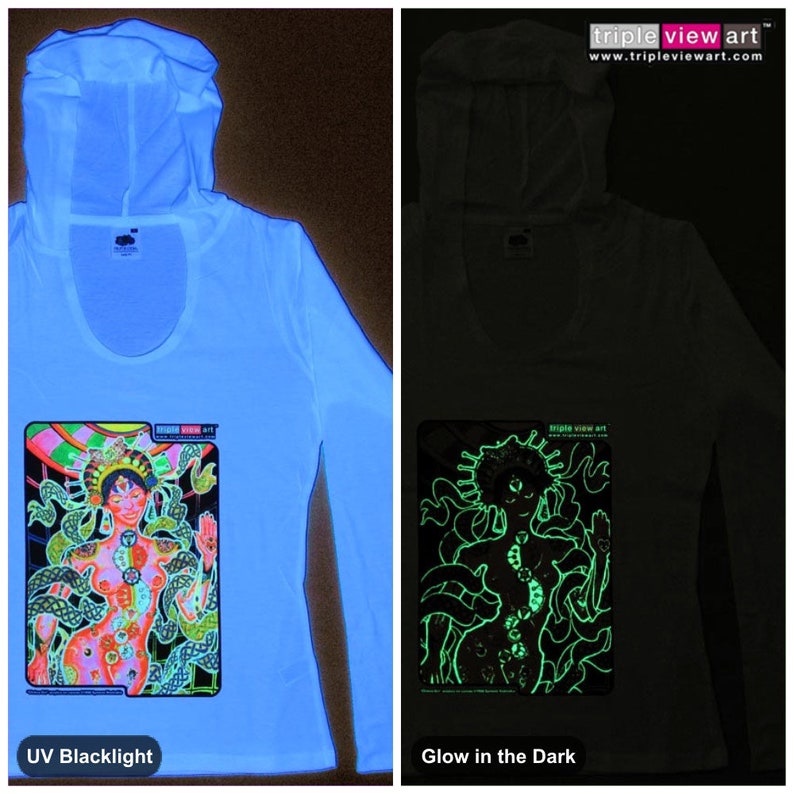 Chakra Girl UV Black Light Fluorescent & Glow In The Dark Phosphorescent Psychedelic Psy Goa Trance Art Club Womens Hoodie image 2