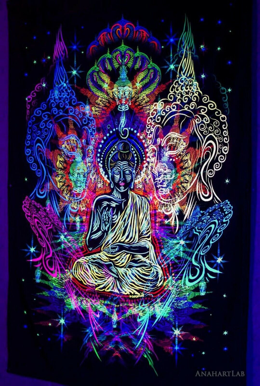 王 Buddha UV Black Light Fluorescent Glow Psychedelic Art Backdrop