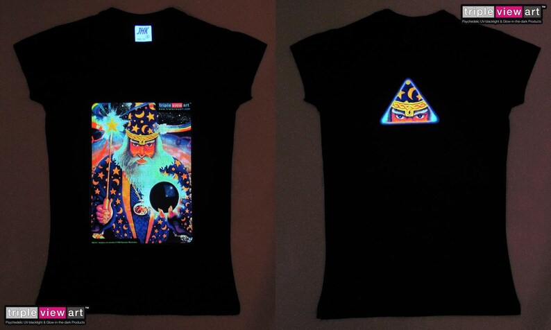 Merlin UV Black Light Fluorescent & Glow In The Dark Phosphorescent Psychedelic Psy Goa Trance Art Club Womens T-shirt image 3