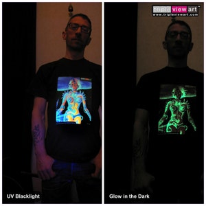 Biomechanoid UV Black Light Fluorescent & Glow In The Dark Phosphorescent Psychedelic Psy Goa Trance Art Club Mens T-shirt image 1