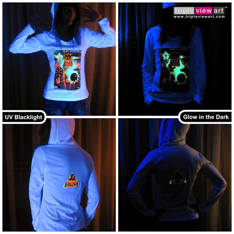 Merlin UV Black Light Fluorescent & Glow In The Dark Phosphorescent Psychedelic Psy Goa Trance Art Club Womens Hoodie image 2