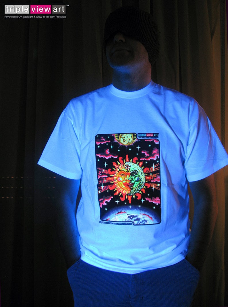 Magic Sunmoon UV Black Light Fluorescent & Glow In The Dark Phosphorescent Psychedelic Psy Goa Trance Art Club Mens T-shirt image 5