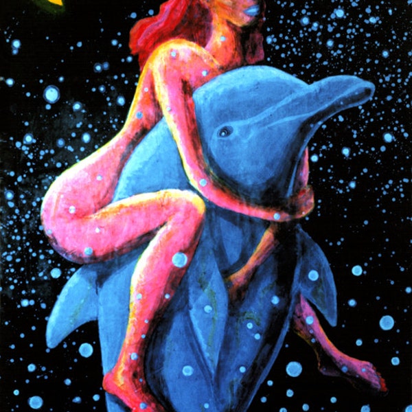 Dolphin Girl UV Black Light Fluorescent & Glow In The Dark Phosphorescent Psychedelic Psy Goa Trance Art Postcard