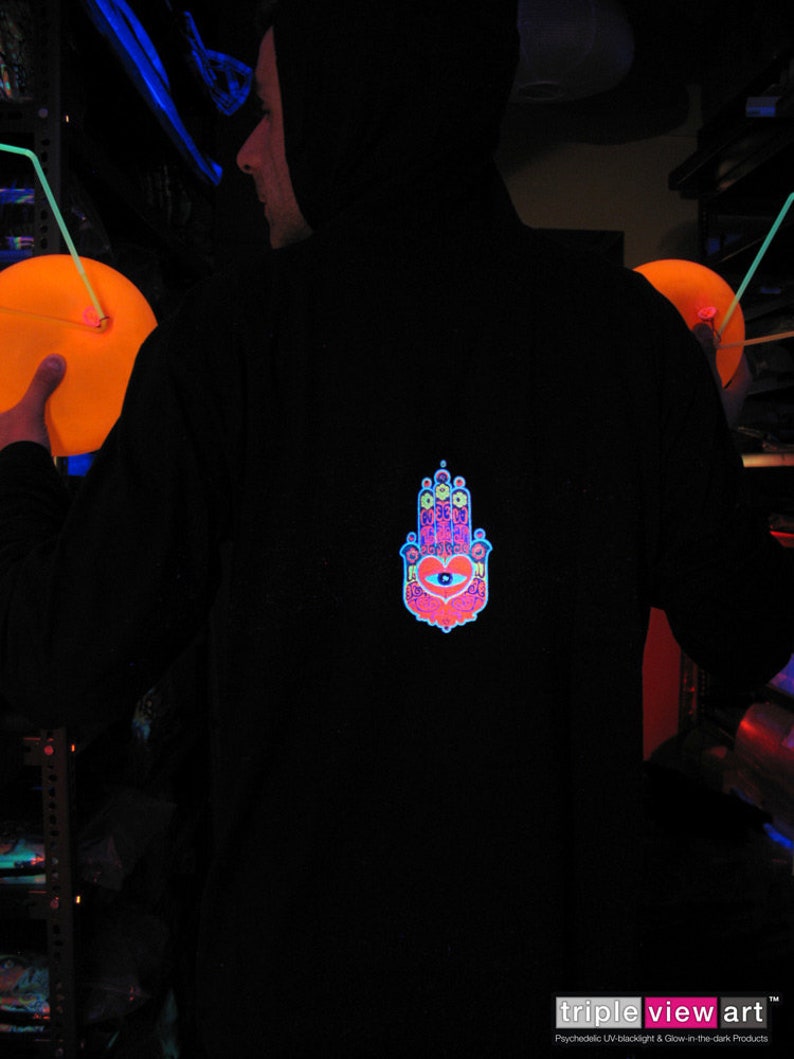 The Hand UV Black Light Fluorescent & Glow In The Dark Phosphorescent Psychedelic Psy Goa Trance Art Club Mens Hoodie image 5