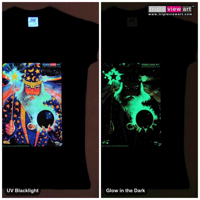 Merlin UV Black Light Fluorescent & Glow In The Dark Phosphorescent Psychedelic Psy Goa Trance Art Club Womens T-shirt image 1