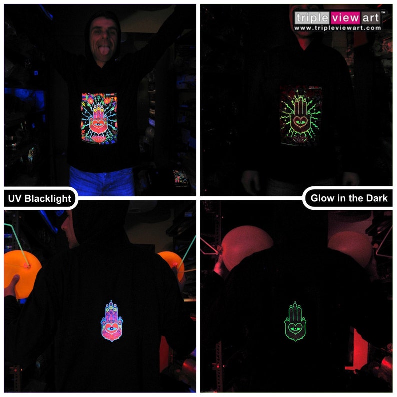 The Hand UV Black Light Fluorescent & Glow In The Dark Phosphorescent Psychedelic Psy Goa Trance Art Club Mens Hoodie image 2