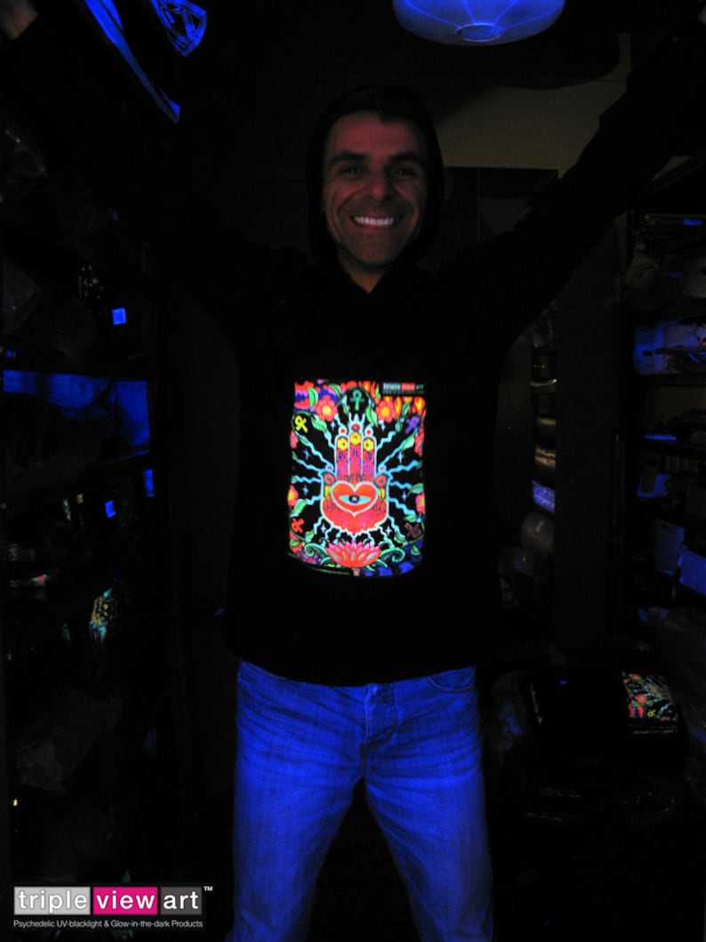 The Hand UV Black Light Fluorescent & Glow In The Dark Phosphorescent Psychedelic Psy Goa Trance Art Club Mens Hoodie image 3