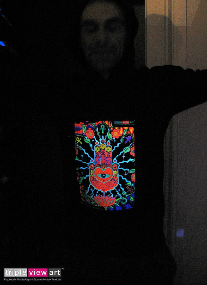 The Hand UV Black Light Fluorescent & Glow In The Dark Phosphorescent Psychedelic Psy Goa Trance Art Club Mens Hoodie image 7