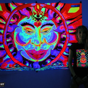 Chillin' Sun UV Black Light Fluorescent Glow Psychedelic Psy Goa Trance Art Backdrop Wall Hanging Home Club Party Festival Deco 3rd Eye Fire image 1