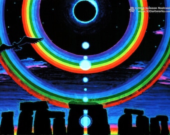 Eclipse Over Stonehenge UV Black Light Fluorescent & Glow In The Dark Phosphorescent Psychedelic Psy Goa Trance Art Postcard