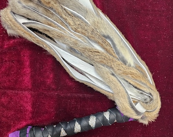 Handmade Rabbit Fur Flogger, Birch Wood Handle, Leather Wrapped