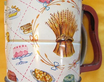 1950's Vintage Androck Hand-i-Sift Handi-Sift Hand Sifter 3 Screen Tin Litho Wheat Flour Bakery Sifter Works Great! Red Handle