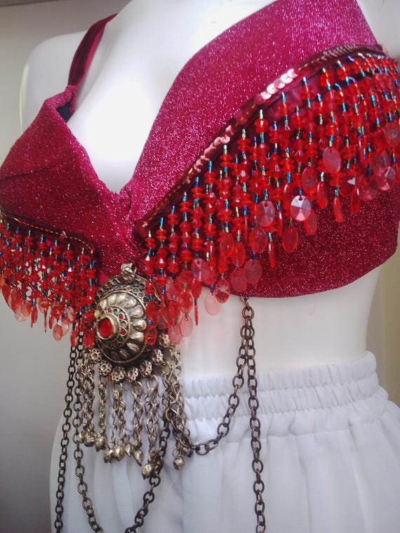 ruby red beaded belly dance top - image 3