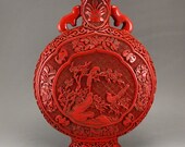 N7435 Vintage Chinese Red Lacquerware High Relief Vase w Qianlong Mark