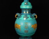 N7835 Beautiful Chinese Gilt Gold Turquoise Glaze Porcelain Jar w Qianlong Mark