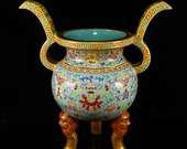 N7513 Chinese Gilt Gold Enamel Porcelain Big Incense Burner w Qianlong Mark