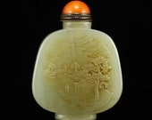 N04564 Vintage Chinese Hetian Jade Scenery Figure Snuff Bottle w Agate Stopper Certificate
