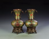 N8327 A Pair Chinese Qing Dynasty Bronze Cloisonne Vases w Qianlong Mark