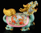 N7810 Superb Chinese Gilt Gold Famille Rose Porcelain Dragon Turtle Statue w Qianlong Mark