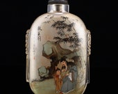 N04940 Vintage Chinese Peking Glass Inside Painting Big Snuff Bottle - Figure Bamboo w Agate Stopper