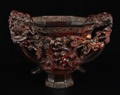 N7921 Vintage Chinese Ox Horn High Relief Double Ears Cup w Qianlong Mark