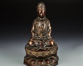 N8338 Vintage Chinese Gilt Gold Red Copper Kwan-yin Statue w Qianlong Mark
