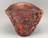 N7900 Chinese Ox Horn Low Relief Chi Dragon Sacrifice Wine Cup w Qianlong Mark