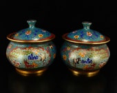 N7911 A Pair Chinese Gilt Gold Red Copper Cloisonne Tea Caddies w Qianlong Mark