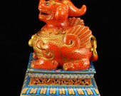 N7874 Chinese Qing Dynasty Gilt Gold Iron Red Glaze Unicorn Porcelain Statue w Qianlong Mark