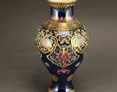 N7553 Chinese Gilt Edge Jilan Glaze Famille Rose Porcelain Vase w Qianlong Mark