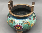 N8478 Vintage Chinese Gilt Gold Bronze Cloisonne Double Ears Incense Burner w Qianlong Mark
