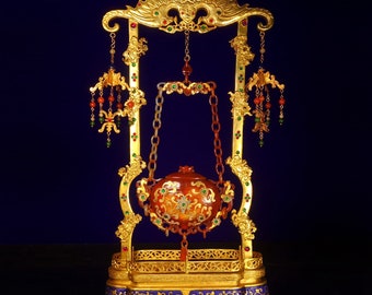 E8609 Exquisite Chinese Gilt Gold Bronze Cloisonne Inlay Gem & Natural Red Agate Chain Incense Burner