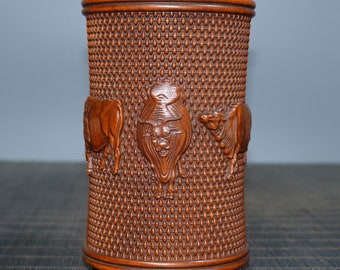 N1810 Chinese Boxwood Wood Low Relief Fortune Ox Brush Pot